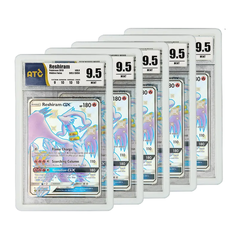 PSA Slab Bumper - White with graded Reshiram cards displaying a premium fit and protection in multiple slabs.