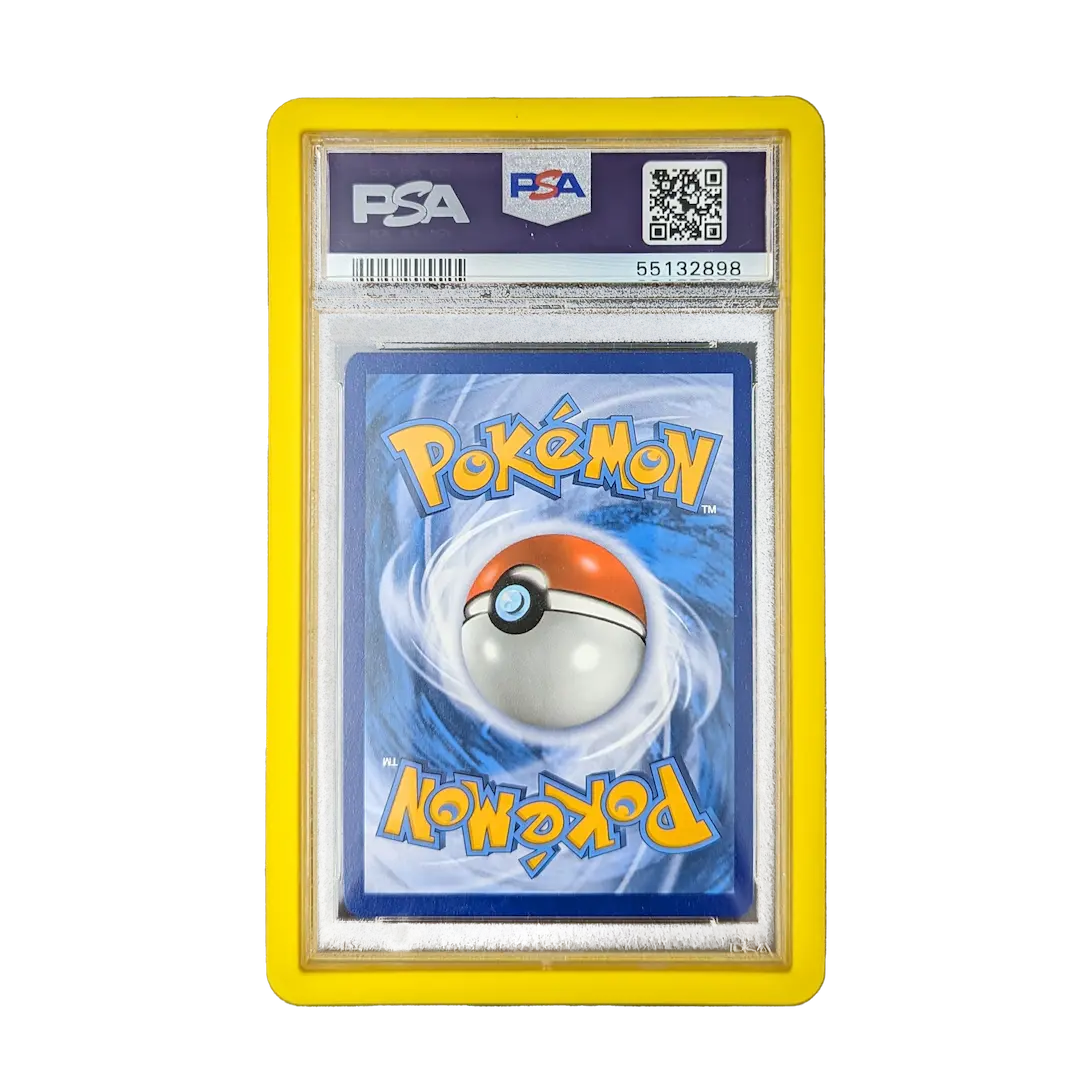 PSA Slab Bumper - Yellow protecting a graded Pokémon card slab with vibrant colors and premium design.