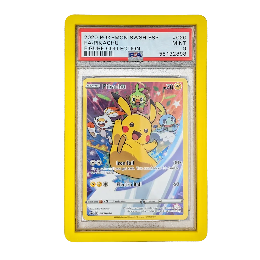 PSA Slab Bumper - Yellow protecting a 2020 Pokemon SWSH BSP Pikachu card in a graded slab.