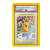 PSA Slab Bumper - Yellow protecting a 2020 Pokemon SWSH BSP Pikachu card in a graded slab.