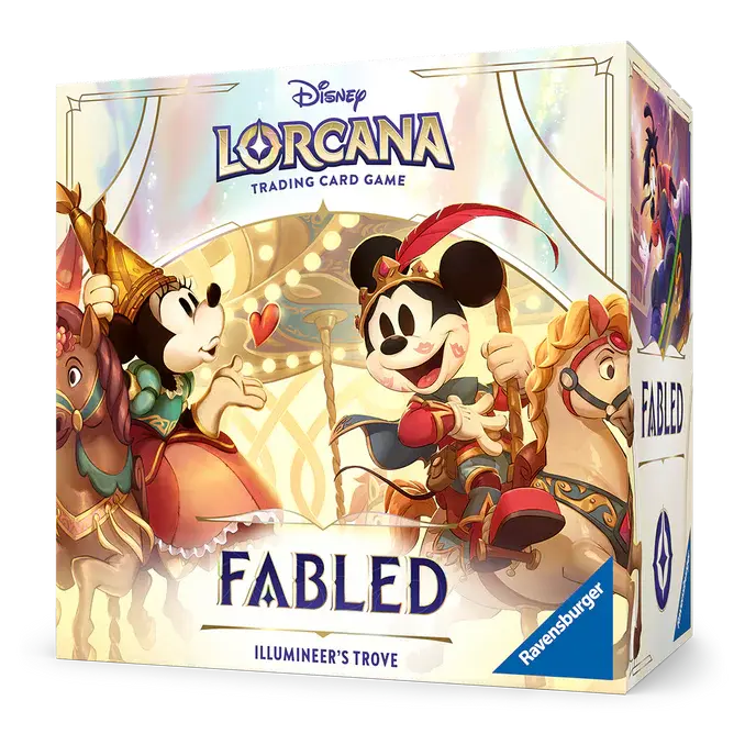 Disney Lorcana Fabled Illumineer's Trove Sammelkartenspiel-Box mit Mickey und Minnie.