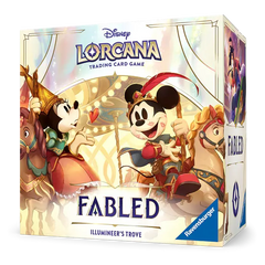 Disney Lorcana Fabled Illumineer's Trove Sammelkartenspiel-Box mit Mickey und Minnie.