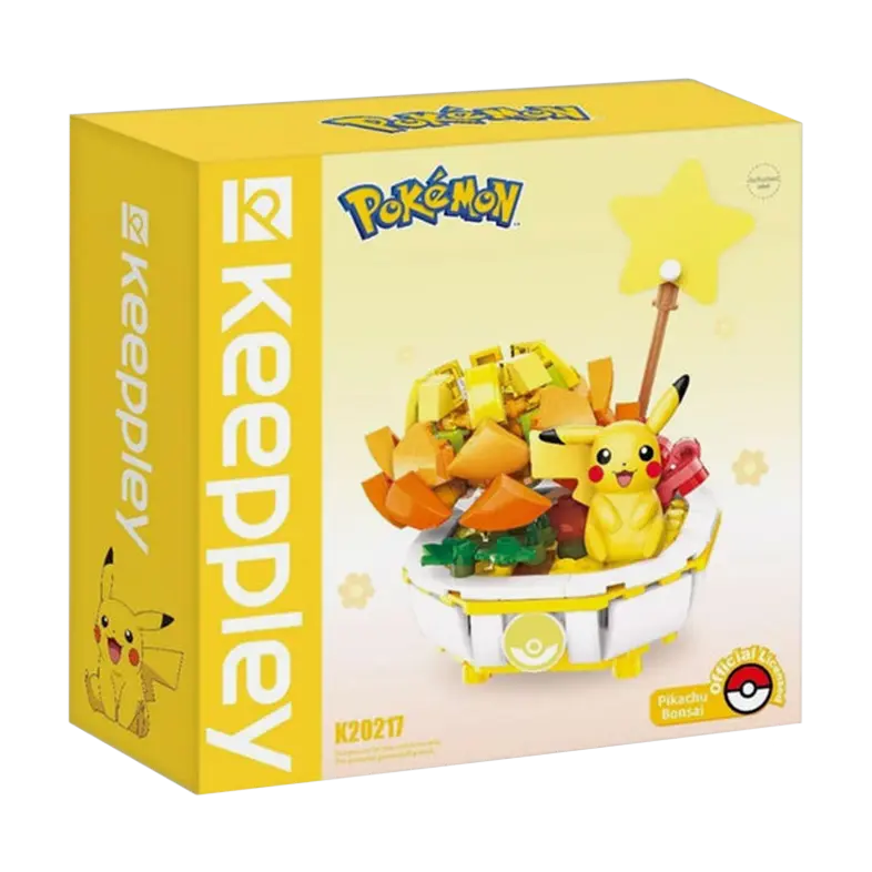 Keeppley Pokémon Bonsai 1.0 Kanto set featuring Pikachu and colorful building blocks.