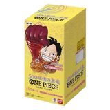 "One Piece OP07: 500 jaar in de toekomst Japanse boosterbox met Luffy en details van de boosterpakketten."