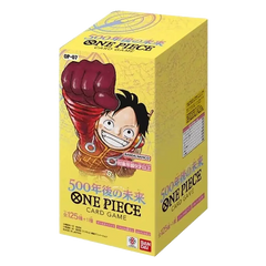 "One Piece OP07: 500 jaar in de toekomst Japanse boosterbox met Luffy en details van de boosterpakketten."