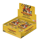 Booster Box Les Guerriers les plus forts du monde présentant des paquets et un présentoir du jeu de cartes One Piece.