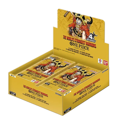 Booster Box Les Guerriers les plus forts du monde présentant des paquets et un présentoir du jeu de cartes One Piece.