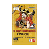 Booster pack for The World's Strongest Warriors Booster Box from the One Piece Card Game, featuring iconic characters.