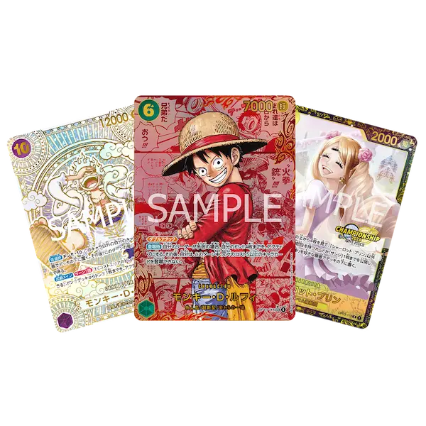 Three collectible trading cards featuring Luffy and other characters from the popular anime series.