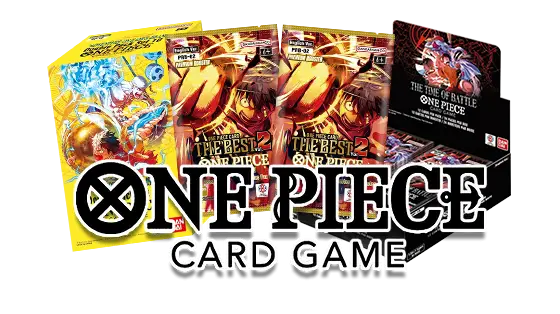 One Piece card game display featuring booster boxes and a themed card pack collection.