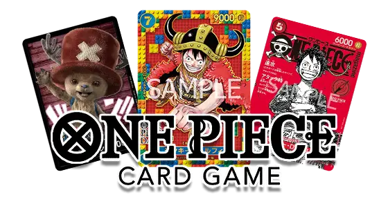 Colorful One Piece card game display featuring character cards and logo, showcasing vibrant art and playful design.