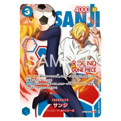 One Piece ROUND1 Promotion Pack trading card featuring Sanji in dynamic soccer pose.