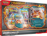 Charizard EX Special Collection Box mit Charizard ex, Glumanda und TCG-Boosterpacks, mit Pokémon TCG-Grafiken.