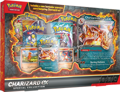 Charizard EX Special Collection Box mit Charizard ex, Glumanda und TCG-Boosterpacks, mit Pokémon TCG-Grafiken.