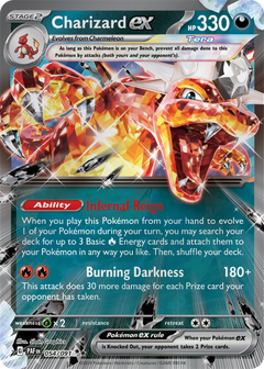 alt
Charizard ex Karte aus Pokémon TCG mit KP 330, Fähigkeiten "Infernal Reign" und "Burning Darkness".