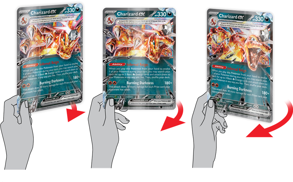 Hände präsentieren die Glurak-ex-Karte aus dem Pokémon Sammelkartenspiel aus drei verschiedenen Winkeln, mit der Fähigkeit Brennende Finsternis.