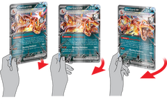 Hände präsentieren die Glurak-ex-Karte aus dem Pokémon Sammelkartenspiel aus drei verschiedenen Winkeln, mit der Fähigkeit Brennende Finsternis.