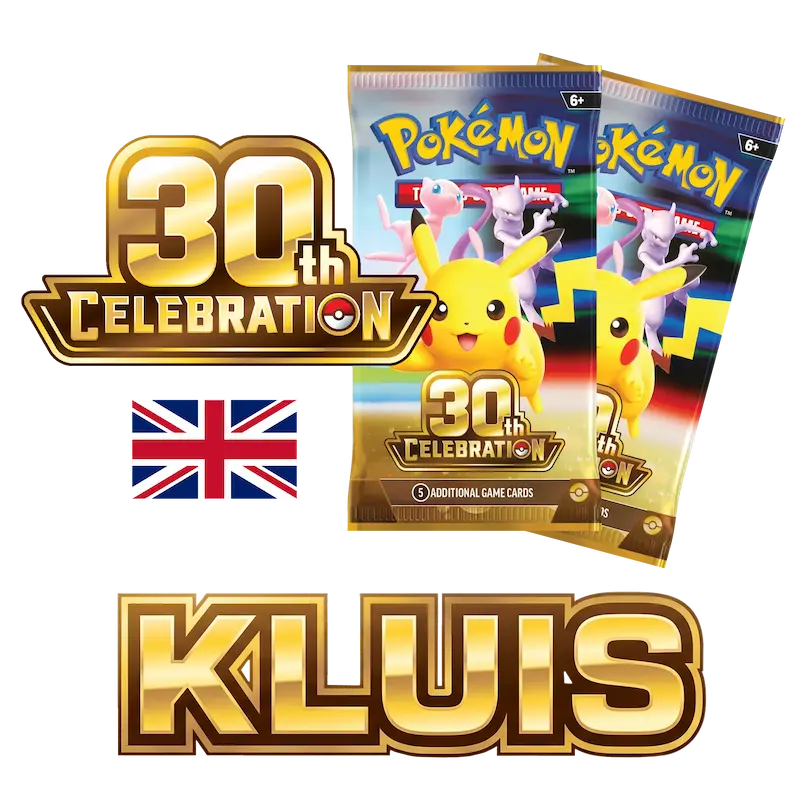 30th RGB Kluis Engels 2-Pack [Live] featuring Pokémon 30th Celebration booster packs and British flag.