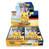 Pokémon 30th Celebration Booster Box display featuring Pikachu and featured characters in vibrant colors, perfect for collectors.