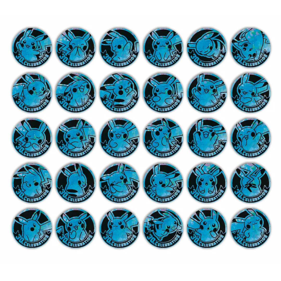 Een verzameling ronde blauwe Pokémon-badges met diverse Pikachu-illustraties in een rasterindeling.