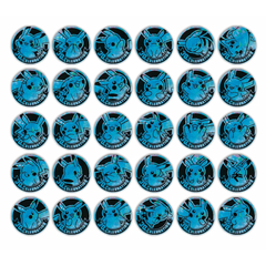 Een verzameling ronde blauwe Pokémon-badges met diverse Pikachu-illustraties in een rasterindeling.