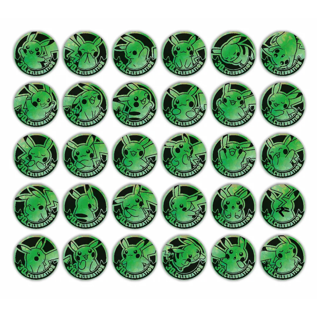Een raster van groene Pokémon-tokens met diverse Pikachu-ontwerpen in een ronde vorm.