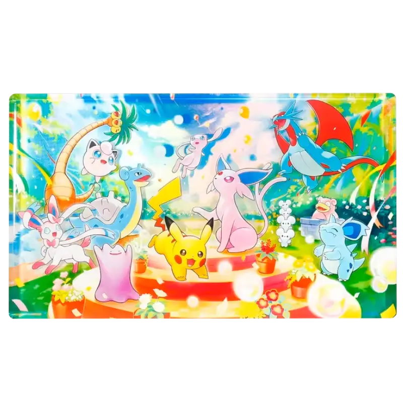 Bunte Illustration verschiedener Pokémon, die in einer lebendigen, festlichen Landschaft voller Blumen und Seifenblasen feiern.
