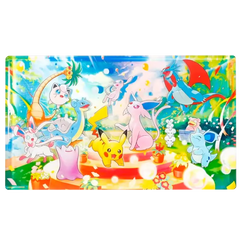 Bunte Illustration verschiedener Pokémon, die in einer lebendigen, festlichen Landschaft voller Blumen und Seifenblasen feiern.