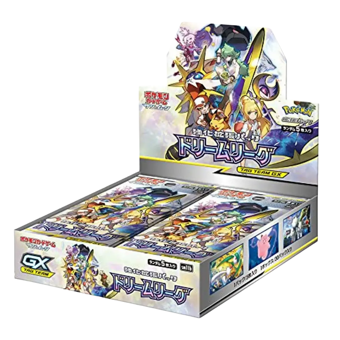Dream League Booster Box mit Pokémon-Charakteren und ganzseitigen Illustrationen.