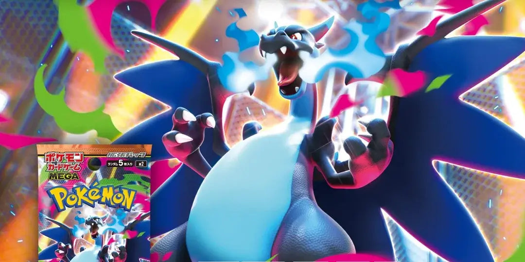 Vibrant image of Mega Charizard in action, surrounded by colorful effects from Pokémon series.