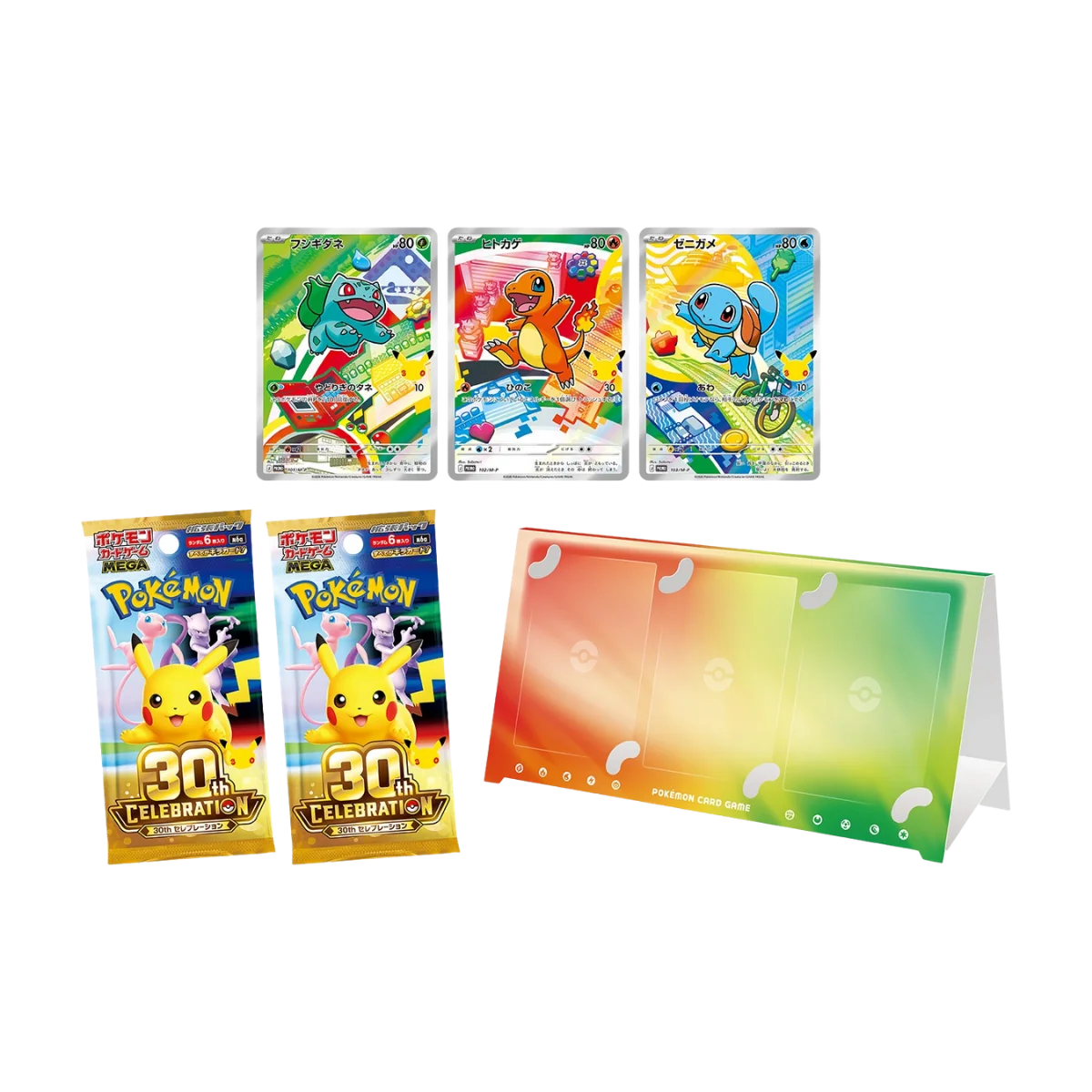 Collection of Pokémon cards and packs, featuring Pikachu for the 30th Anniversary celebration.