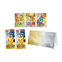 Collection of Pokémon cards featuring Pikachu and others, with booster packs and a card holder display.
