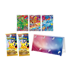 Collection of Pokémon 30th Anniversary cards, booster packs, and a card holder display.