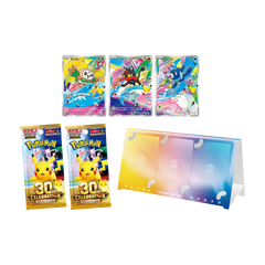 Colorful Pokémon cards and celebration packs displayed with a card holder, perfect for collectors and fans.