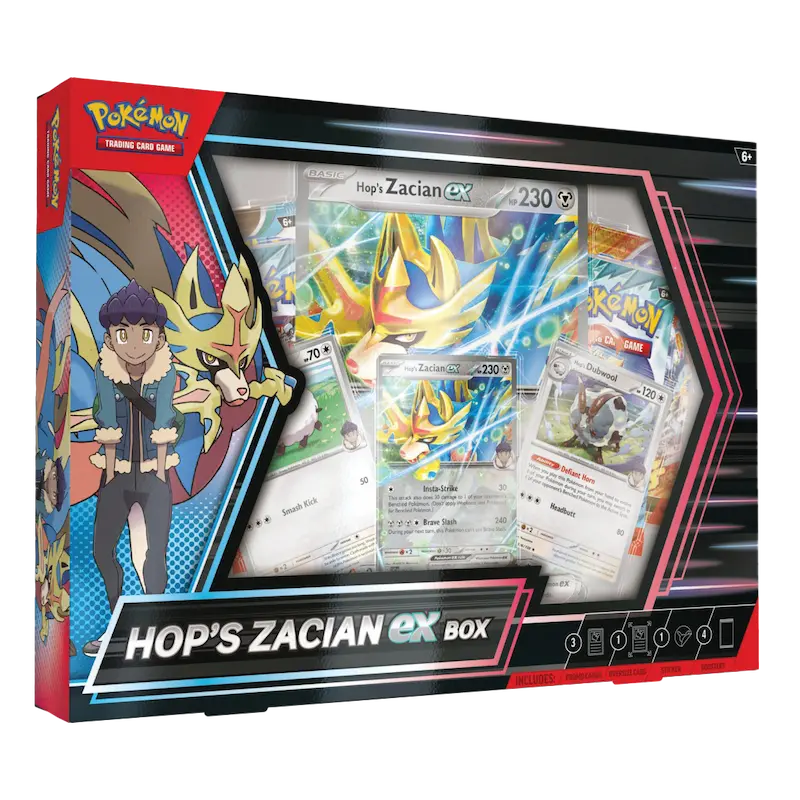 Hop's Zacian ex Box mit Hop, Zacian und Sammelkarten des Pokémon-Sammelkartenspiels, einschließlich Promokarten und Boosterpacks.