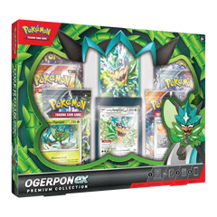 "Pokémon TCG Ogerpon EX Collectie met foliekaarten en boosterpakketten in een kleurrijke displaybox."