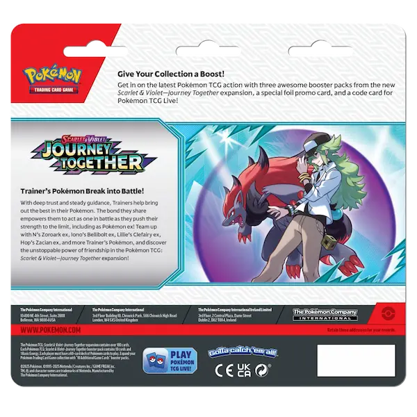 Pokémon Scarlet & Violet SV09 Journey Together 3-Pack Blister with booster pack features and promo card details.