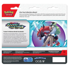 Pokémon Scarlet & Violet SV09 Journey Together 3-Pack Blister with booster pack features and promo card details.