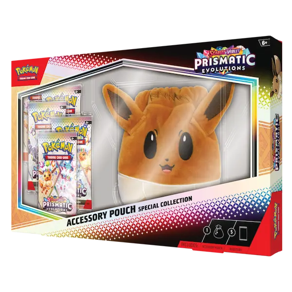 Pokémon Prismatic Evolutions accessory pouch collection with 5 booster packs and appealing pouch design.