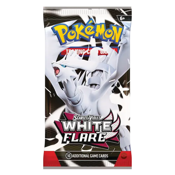 Pokémon White Flare Booster Pack featuring a black package and White Kyurem illustration, including 10 additional game cards.