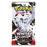 Pokémon White Flare Booster Pack mit schwarzer Verpackung und einer Abbildung von White Kyurem, inklusive 10 zusätzlichen Spielkarten.